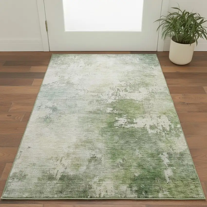 Artichoke Green And Beige Abstract Washable Area Rug With UV Protection Photo 2