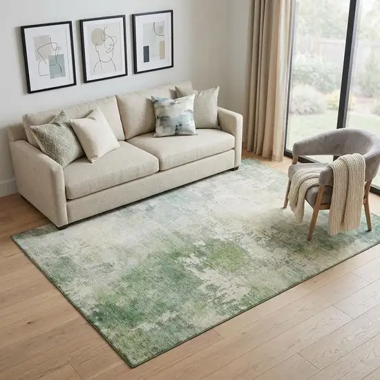 Artichoke Green And Beige Abstract Washable Area Rug With UV Protection Photo 1
