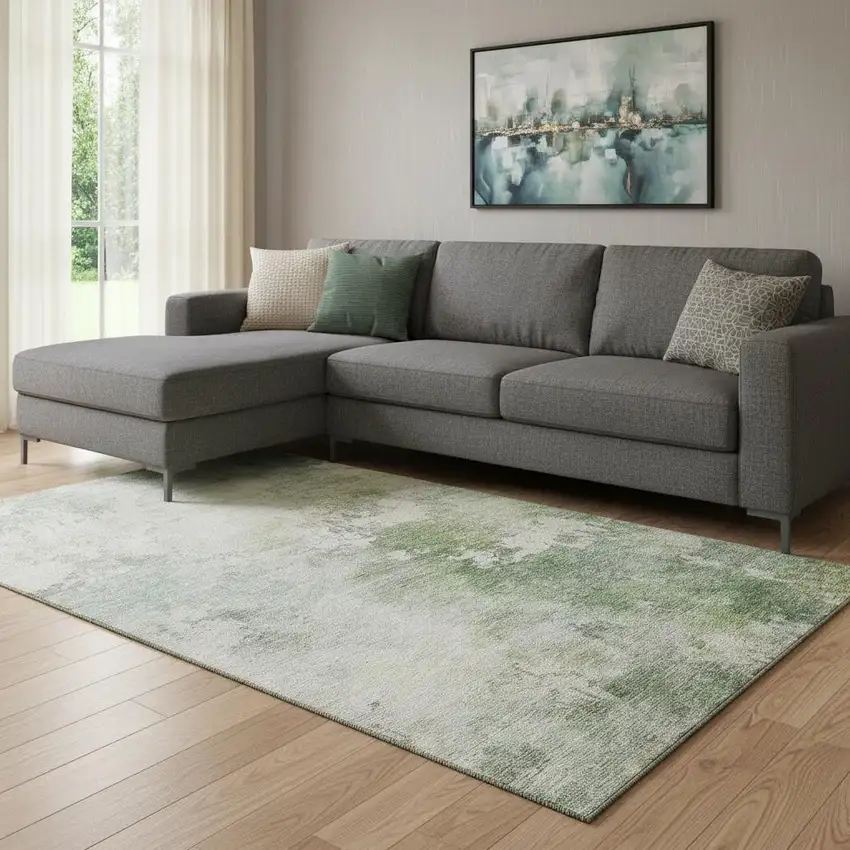 Artichoke Green And Beige Abstract Washable Area Rug With UV Protection Photo 2