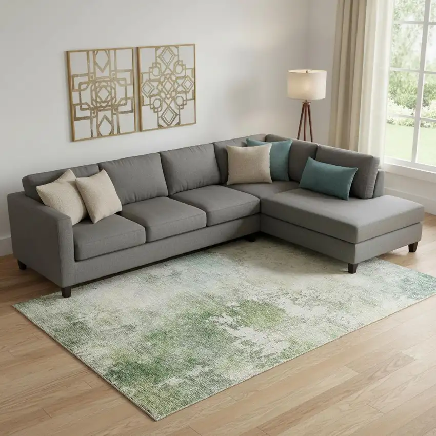 Artichoke Green And Beige Abstract Washable Area Rug With UV Protection Photo 2