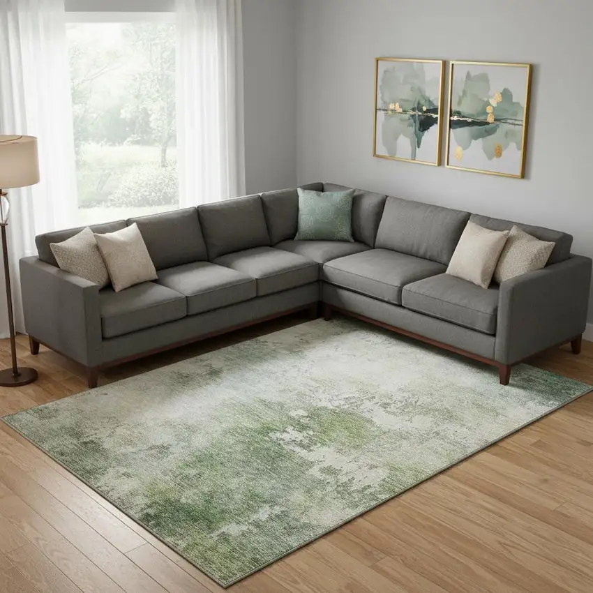 Artichoke Green And Beige Abstract Washable Area Rug With UV Protection Photo 2