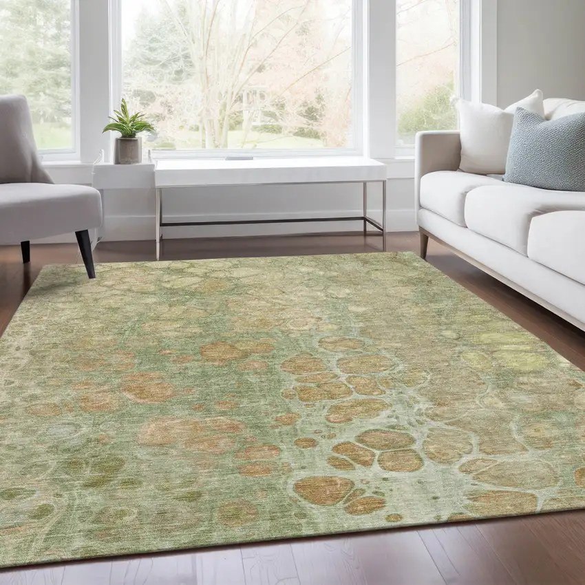Artichoke Green And Beige Abstract Washable Indoor Outdoor Area Rug Photo 8