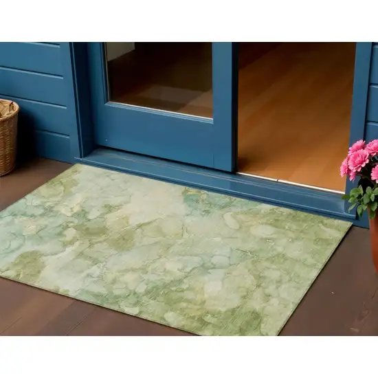 Artichoke Green And Beige Abstract Washable Indoor Outdoor Area Rug Photo 2