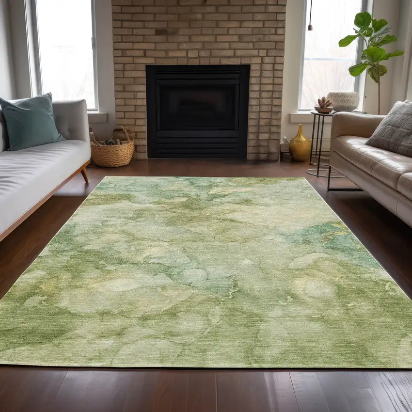 Artichoke Green And Beige Abstract Washable Indoor Outdoor Area Rug Photo 7
