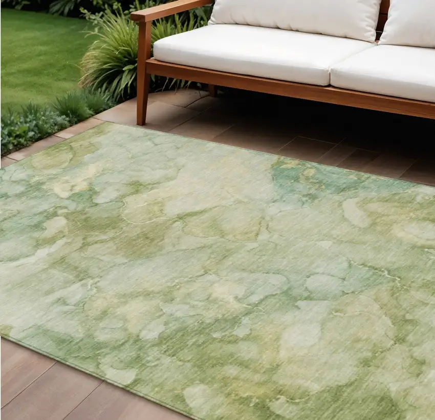 Artichoke Green And Beige Abstract Washable Indoor Outdoor Area Rug Photo 2