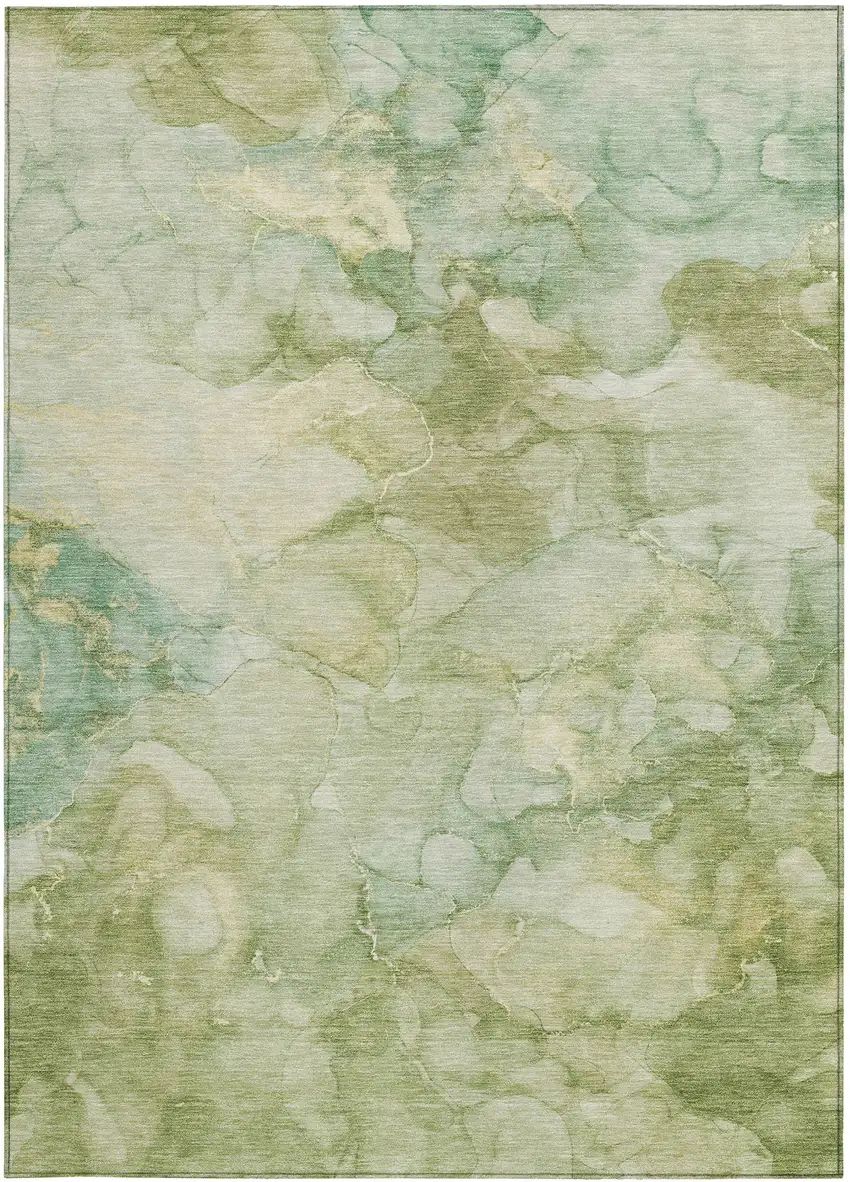 Artichoke Green And Beige Abstract Washable Indoor Outdoor Area Rug Photo 1