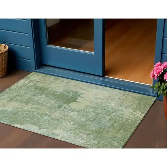 Artichoke Green And Beige Abstract Washable Indoor Outdoor Area Rug Photo 1