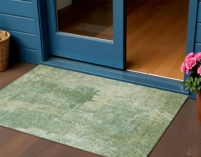 Artichoke Green And Beige Abstract Washable Indoor Outdoor Area Rug Photo 1