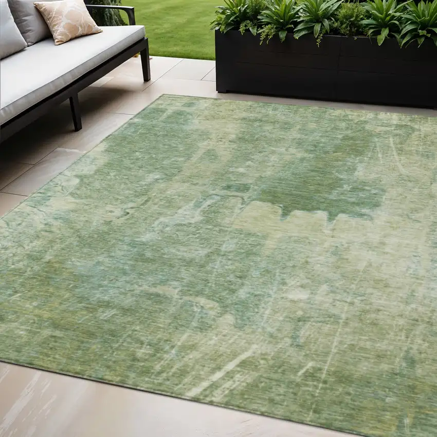 Artichoke Green And Beige Abstract Washable Indoor Outdoor Area Rug Photo 1