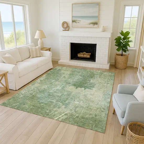 Artichoke Green And Beige Abstract Washable Indoor Outdoor Area Rug Photo 7