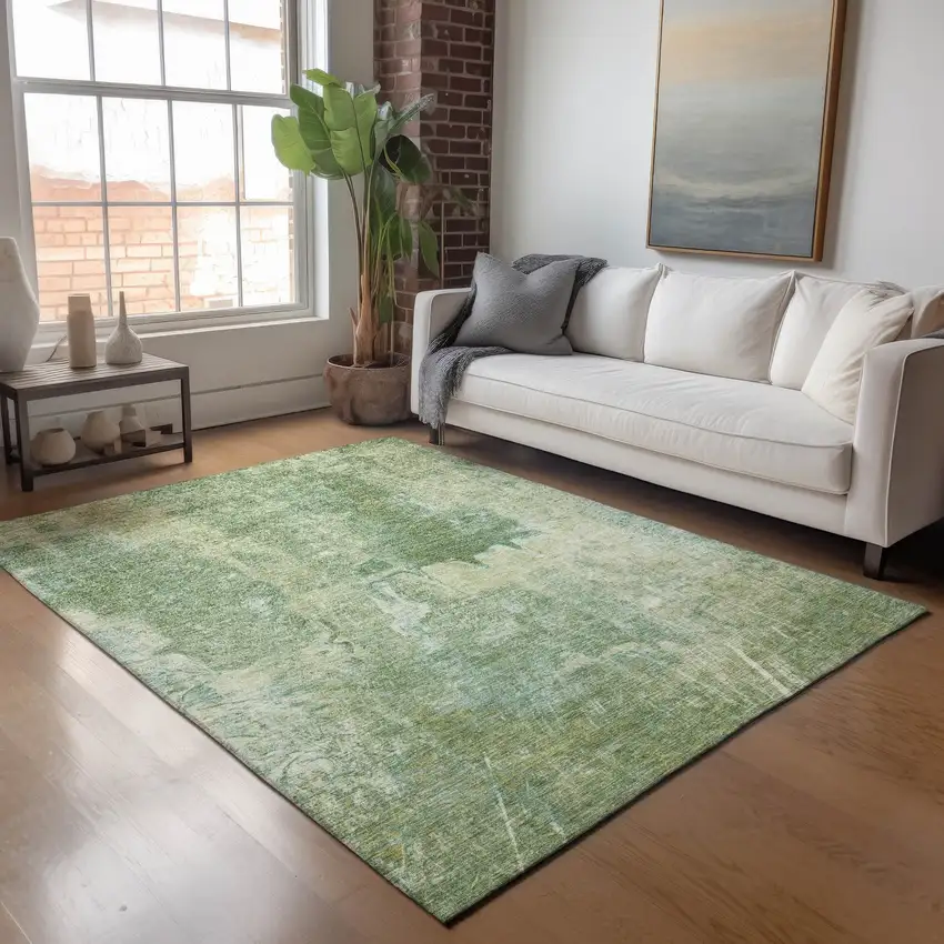 Artichoke Green And Beige Abstract Washable Indoor Outdoor Area Rug Photo 8