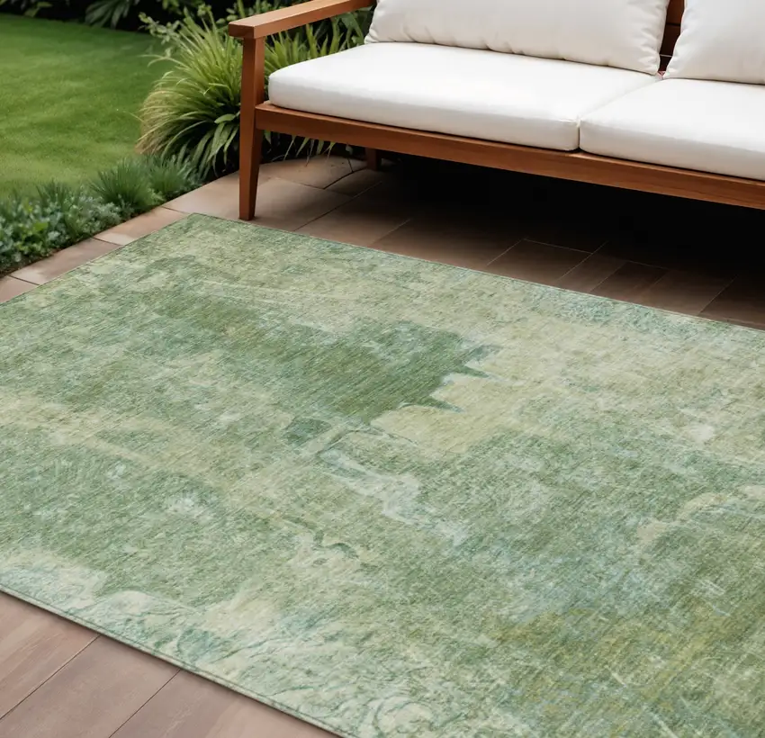 Artichoke Green And Beige Abstract Washable Indoor Outdoor Area Rug Photo 1