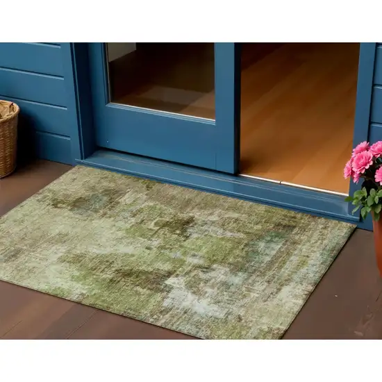 Artichoke Green And Beige Abstract Washable Indoor Outdoor Area Rug Photo 1