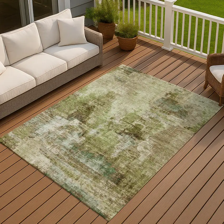 Artichoke Green And Beige Abstract Washable Indoor Outdoor Area Rug Photo 7
