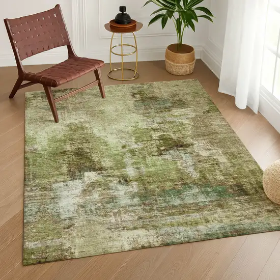 Artichoke Green And Beige Abstract Washable Indoor Outdoor Area Rug Photo 9