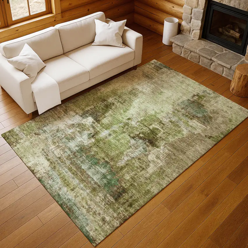 Artichoke Green And Beige Abstract Washable Indoor Outdoor Area Rug Photo 7