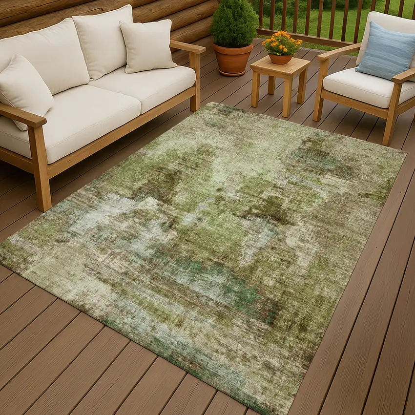 Artichoke Green And Beige Abstract Washable Indoor Outdoor Area Rug Photo 9