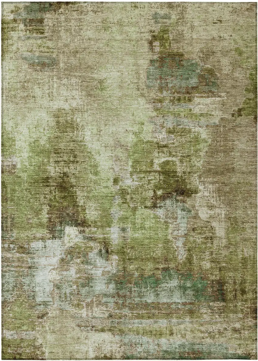 Artichoke Green And Beige Abstract Washable Indoor Outdoor Area Rug Photo 2