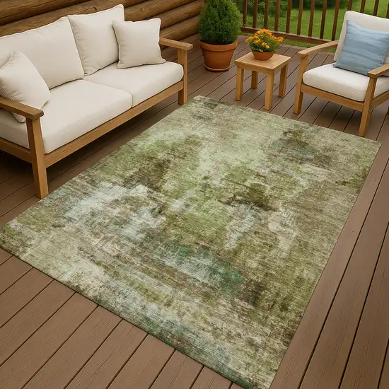 Artichoke Green And Beige Abstract Washable Indoor Outdoor Area Rug Photo 9