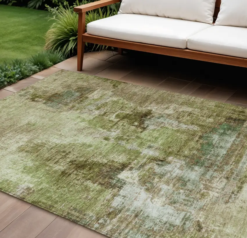 Artichoke Green And Beige Abstract Washable Indoor Outdoor Area Rug Photo 1