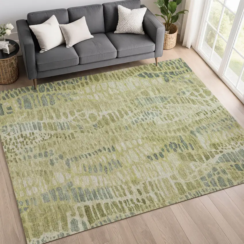 Artichoke Green And Beige Abstract Washable Indoor Outdoor Area Rug Photo 5
