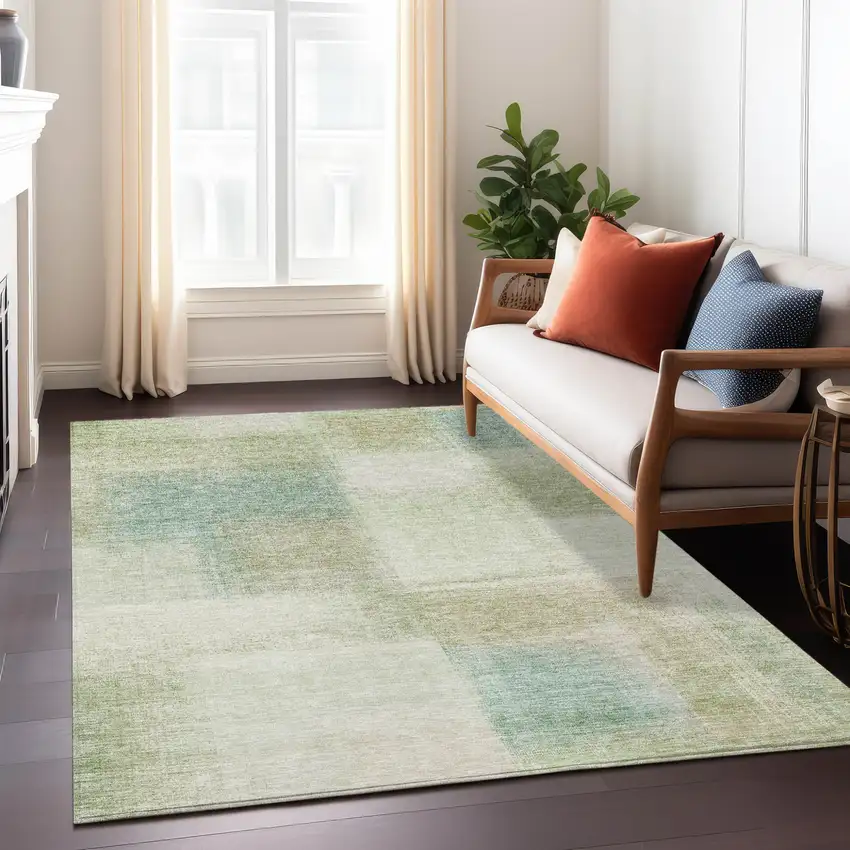 Artichoke Green And Beige Abstract Washable Indoor Outdoor Area Rug Photo 8