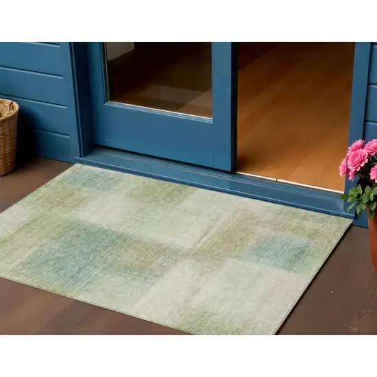 Artichoke Green And Beige Abstract Washable Indoor Outdoor Area Rug Photo 1