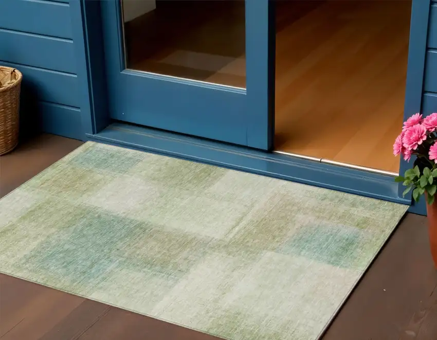 Artichoke Green And Beige Abstract Washable Indoor Outdoor Area Rug Photo 1
