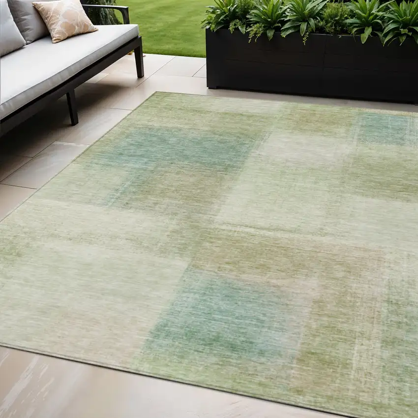 Artichoke Green And Beige Abstract Washable Indoor Outdoor Area Rug Photo 1