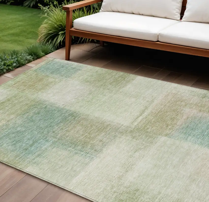 Artichoke Green And Beige Abstract Washable Indoor Outdoor Area Rug Photo 1