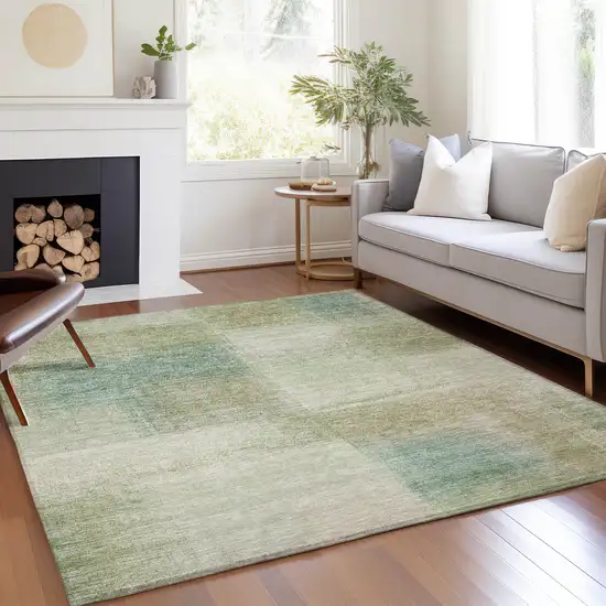 Artichoke Green And Beige Abstract Washable Indoor Outdoor Area Rug Photo 7