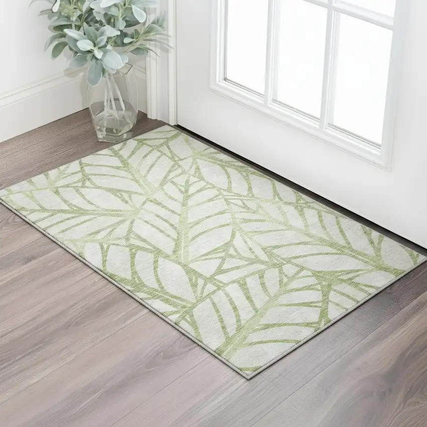 Artichoke Green And Beige Floral Washable Area Rug With UV Protection Photo 2