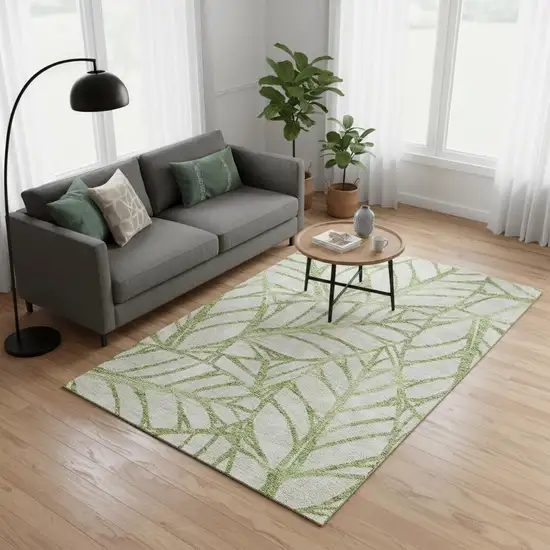 Artichoke Green And Beige Floral Washable Area Rug With UV Protection Photo 2