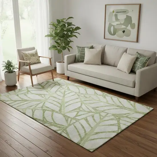 Artichoke Green And Beige Floral Washable Area Rug With UV Protection Photo 1