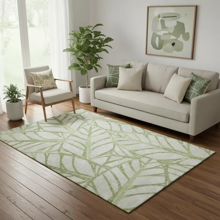 Artichoke Green And Beige Floral Washable Area Rug With UV Protection Photo 1