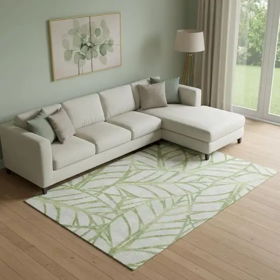 Artichoke Green And Beige Floral Washable Area Rug With UV Protection Photo 1