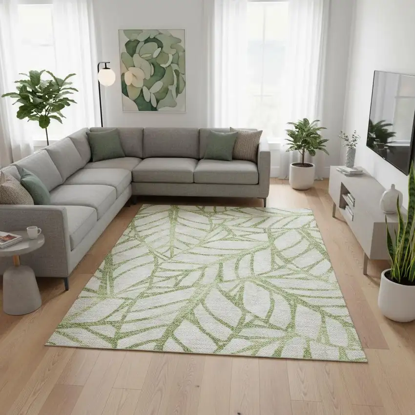 Artichoke Green And Beige Floral Washable Area Rug With UV Protection Photo 2