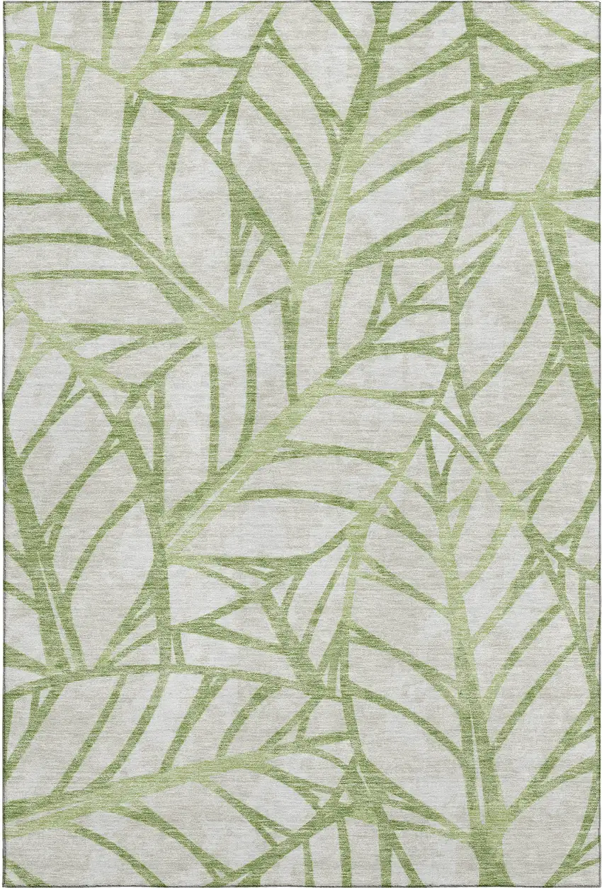 Artichoke Green And Beige Floral Washable Area Rug With UV Protection Photo 1