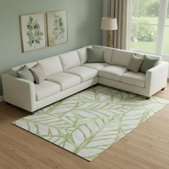Artichoke Green And Beige Floral Washable Area Rug With UV Protection Photo 1