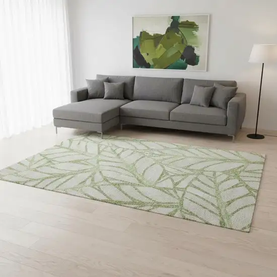 Artichoke Green And Beige Floral Washable Area Rug With UV Protection Photo 2