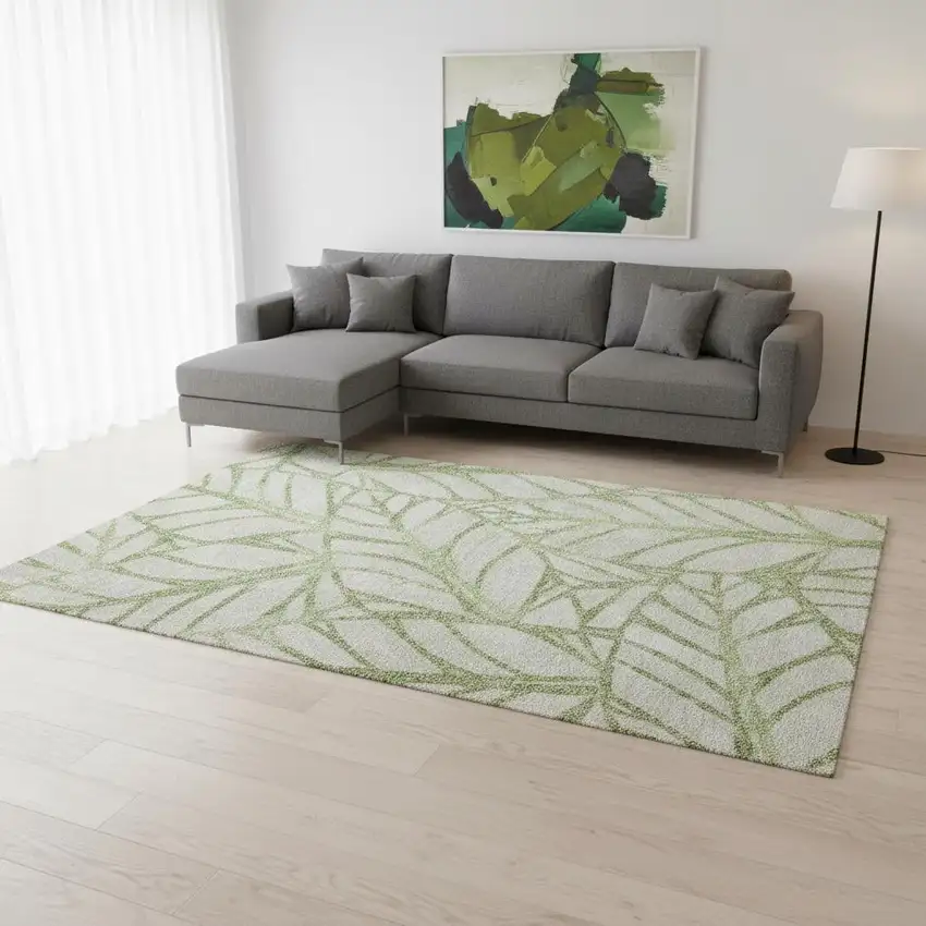 Artichoke Green And Beige Floral Washable Area Rug With UV Protection Photo 2