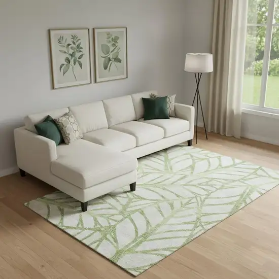 Artichoke Green And Beige Floral Washable Area Rug With UV Protection Photo 1