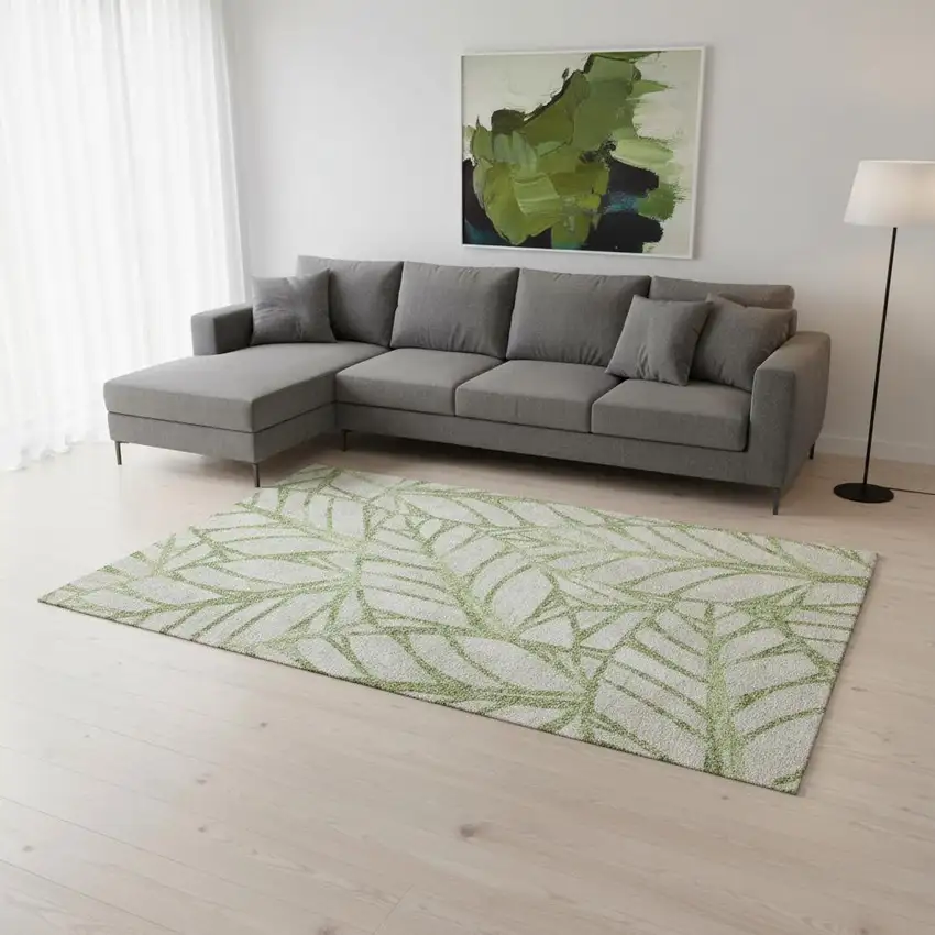 Artichoke Green And Beige Floral Washable Area Rug With UV Protection Photo 2