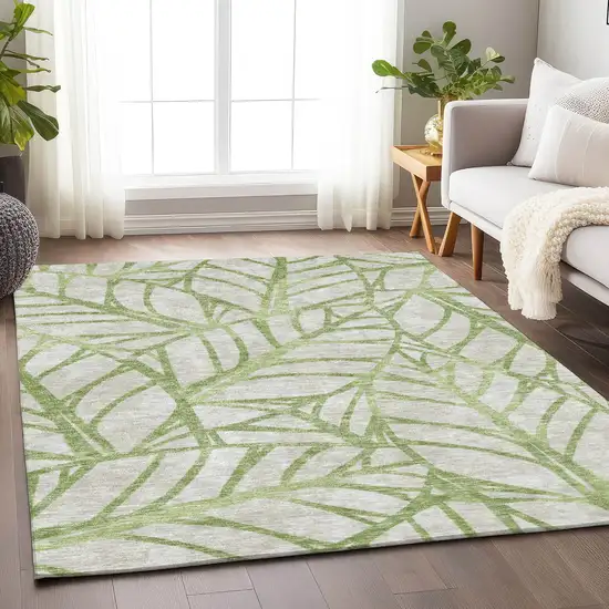 Artichoke Green And Beige Floral Washable Area Rug With UV Protection Photo 5