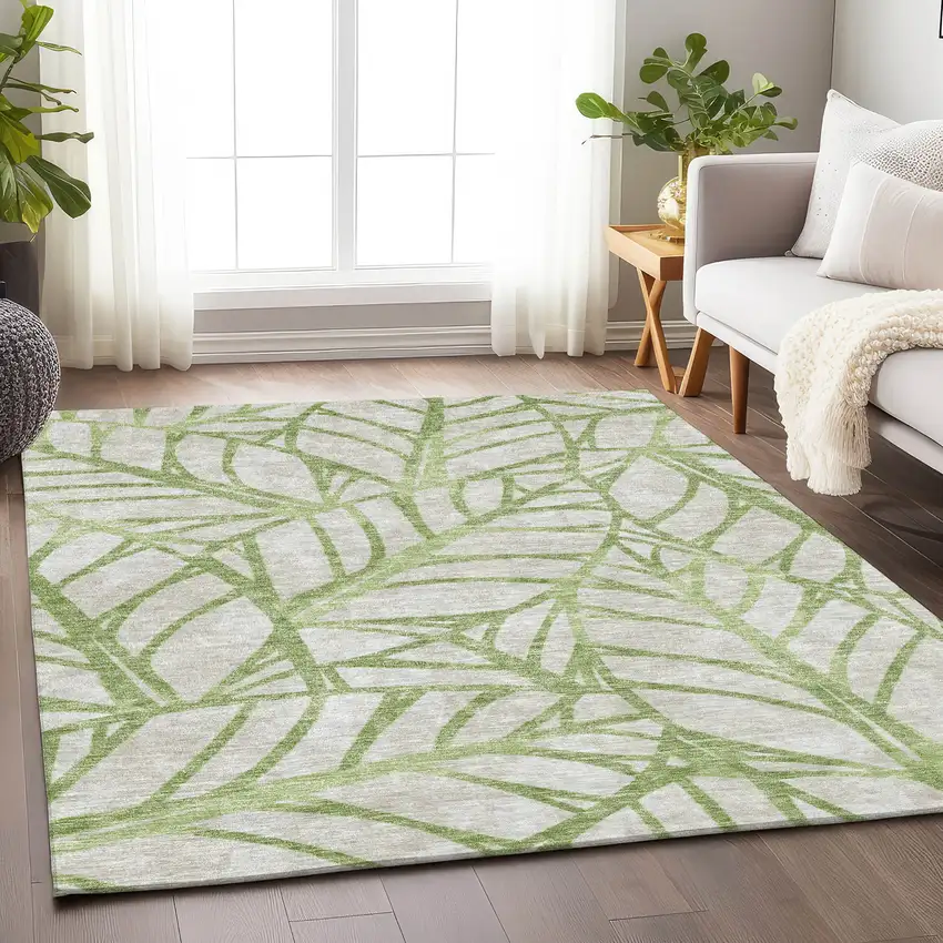 Artichoke Green And Beige Floral Washable Area Rug With UV Protection Photo 5