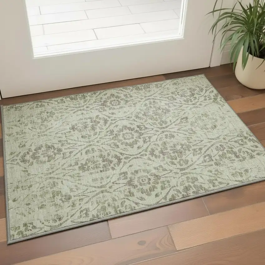 Artichoke Green And Beige Floral Washable Area Rug With UV Protection Photo 2