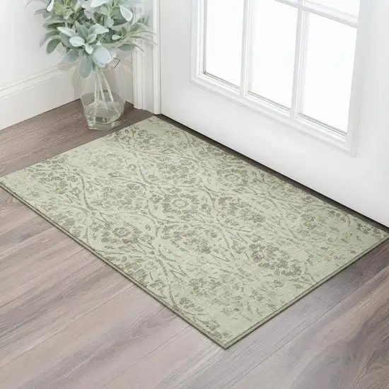 Artichoke Green And Beige Floral Washable Area Rug With UV Protection Photo 1