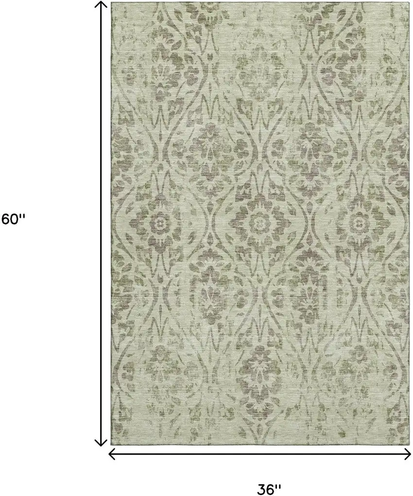 Artichoke Green And Beige Floral Washable Area Rug With UV Protection Photo 3