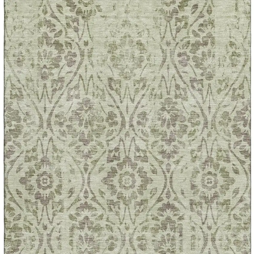 Artichoke Green And Beige Floral Washable Area Rug With UV Protection Photo 3