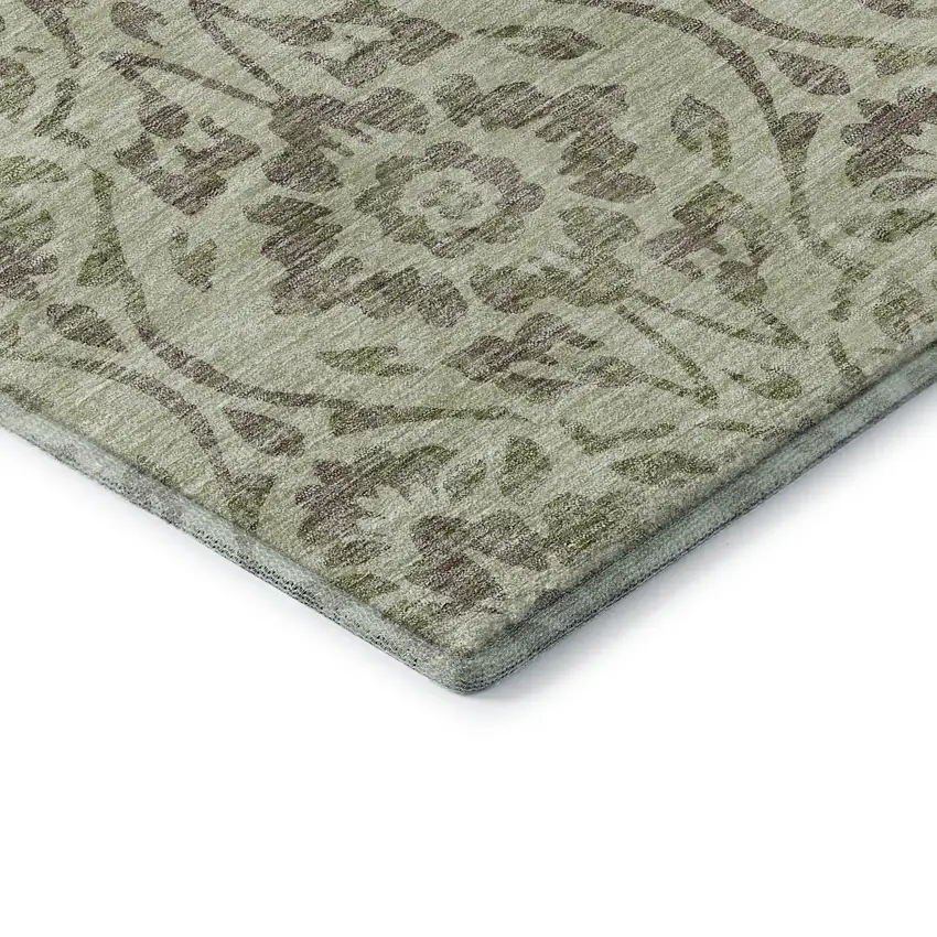 Artichoke Green And Beige Floral Washable Area Rug With UV Protection Photo 8